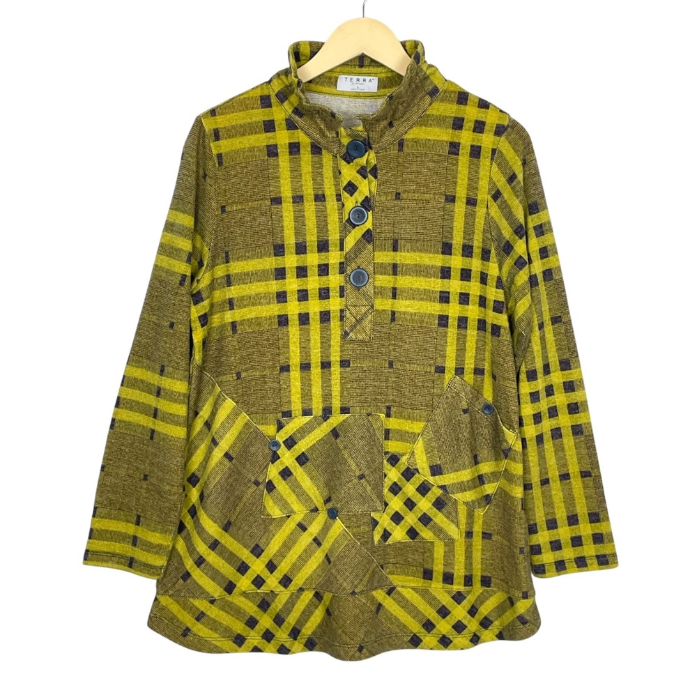 Terra SJ Apparel Plaid Patchwork Stand Collar Tunic Top Sz L Lagenlook Eclectic